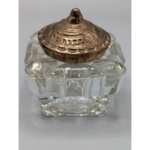 Vintage Brass Ornate Floral Inkwell with Glass Bottle & Lid - Picture 3 of 13